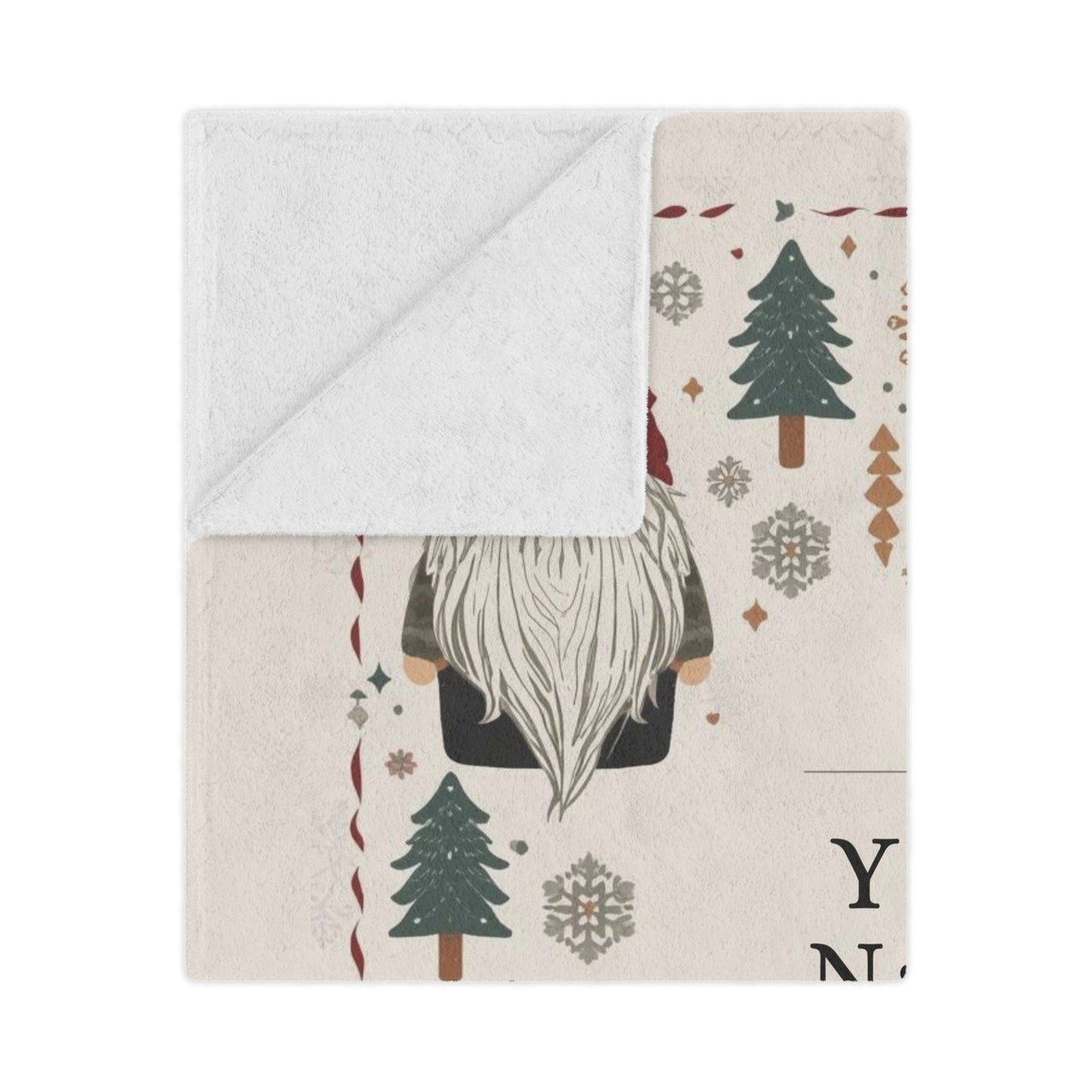Custom Minky Blanket - Cute Scandinavian Christmas Gnomes , Hygge Aesthetic, Cranberry Red, Nordic Snowflake, Pine Trees, Folk Art