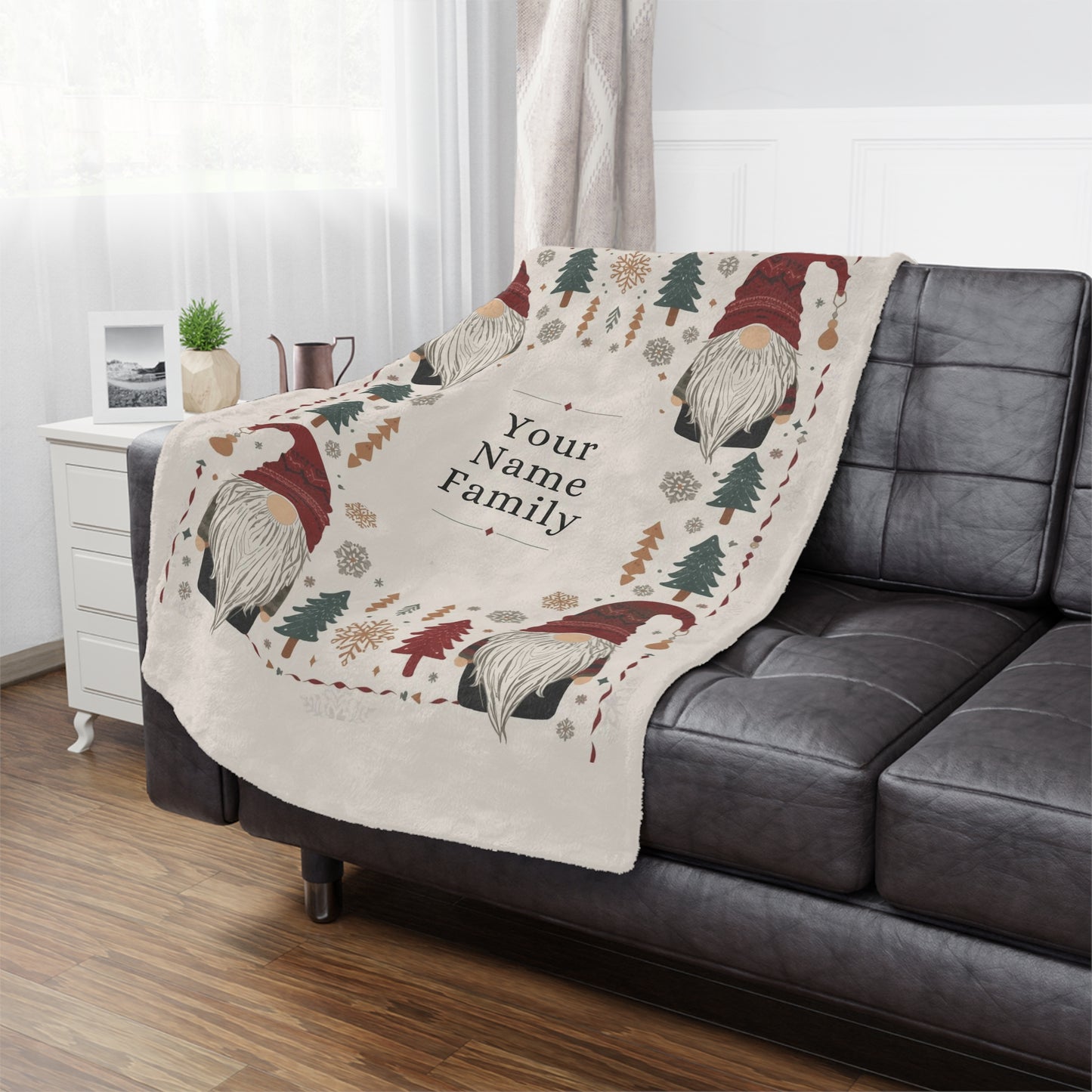 Custom Minky Blanket - Cute Scandinavian Christmas Gnomes , Hygge Aesthetic, Cranberry Red, Nordic Snowflake, Pine Trees, Folk Art