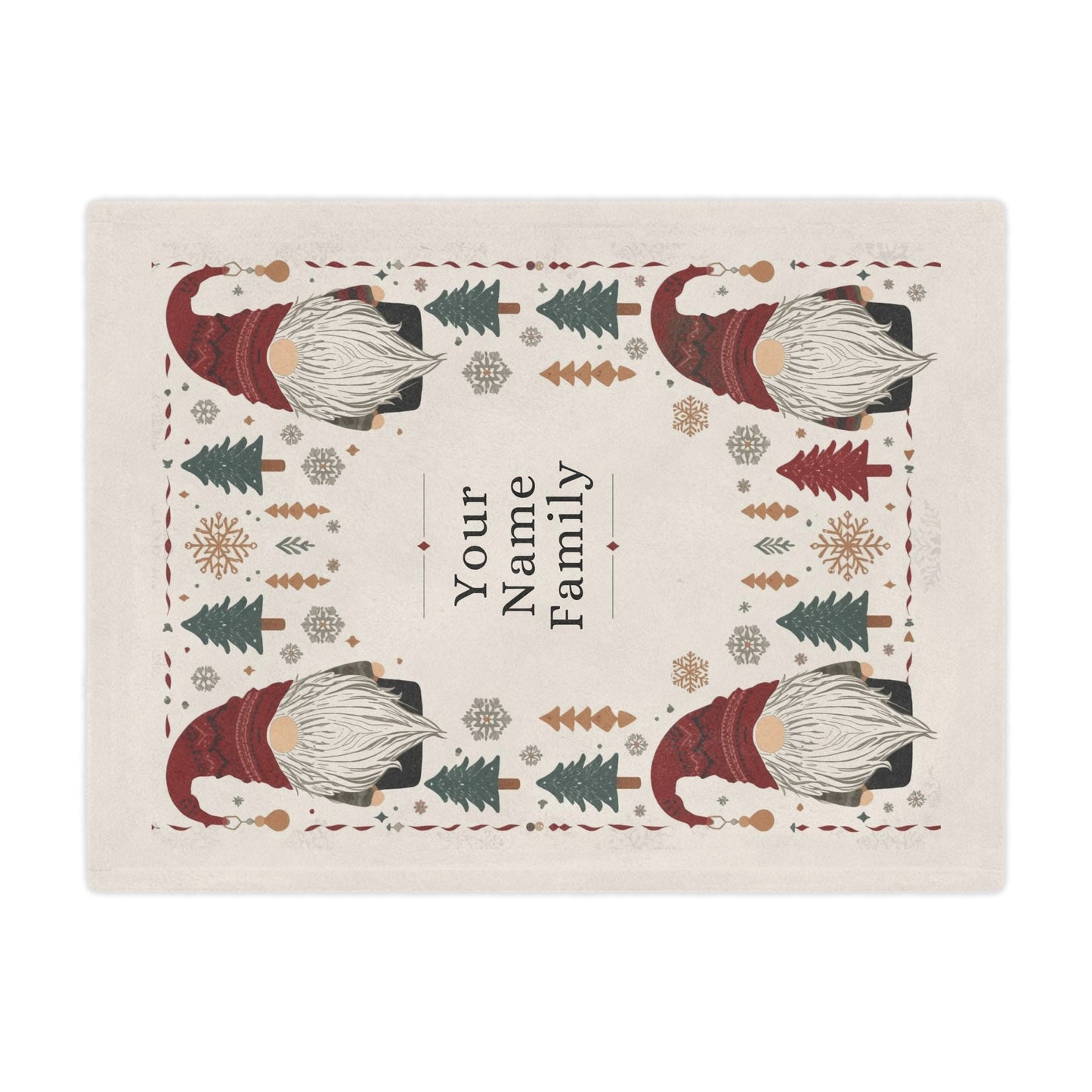 Custom Minky Blanket - Cute Scandinavian Christmas Gnomes , Hygge Aesthetic, Cranberry Red, Nordic Snowflake, Pine Trees, Folk Art
