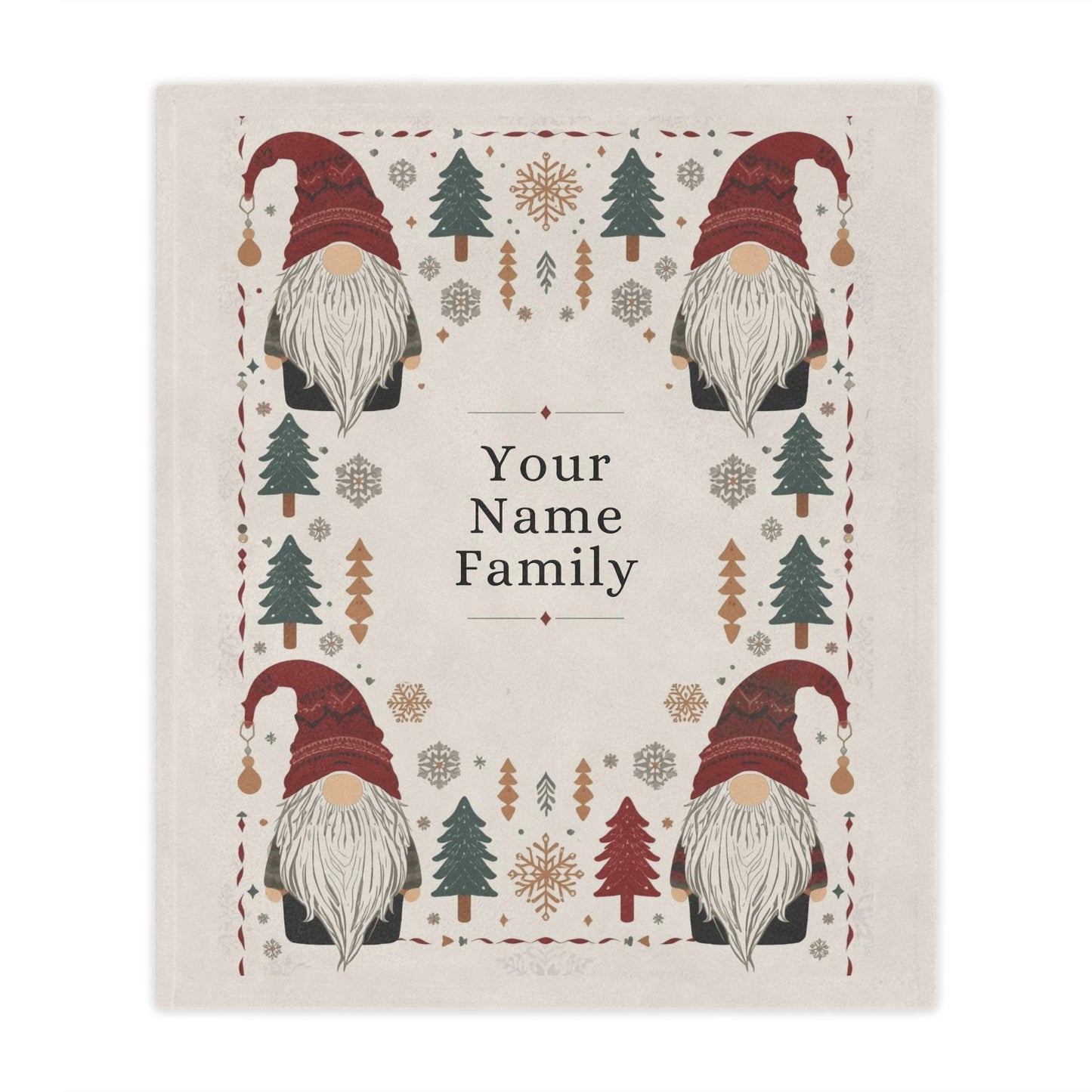 Custom Minky Blanket - Cute Scandinavian Christmas Gnomes , Hygge Aesthetic, Cranberry Red, Nordic Snowflake, Pine Trees, Folk Art