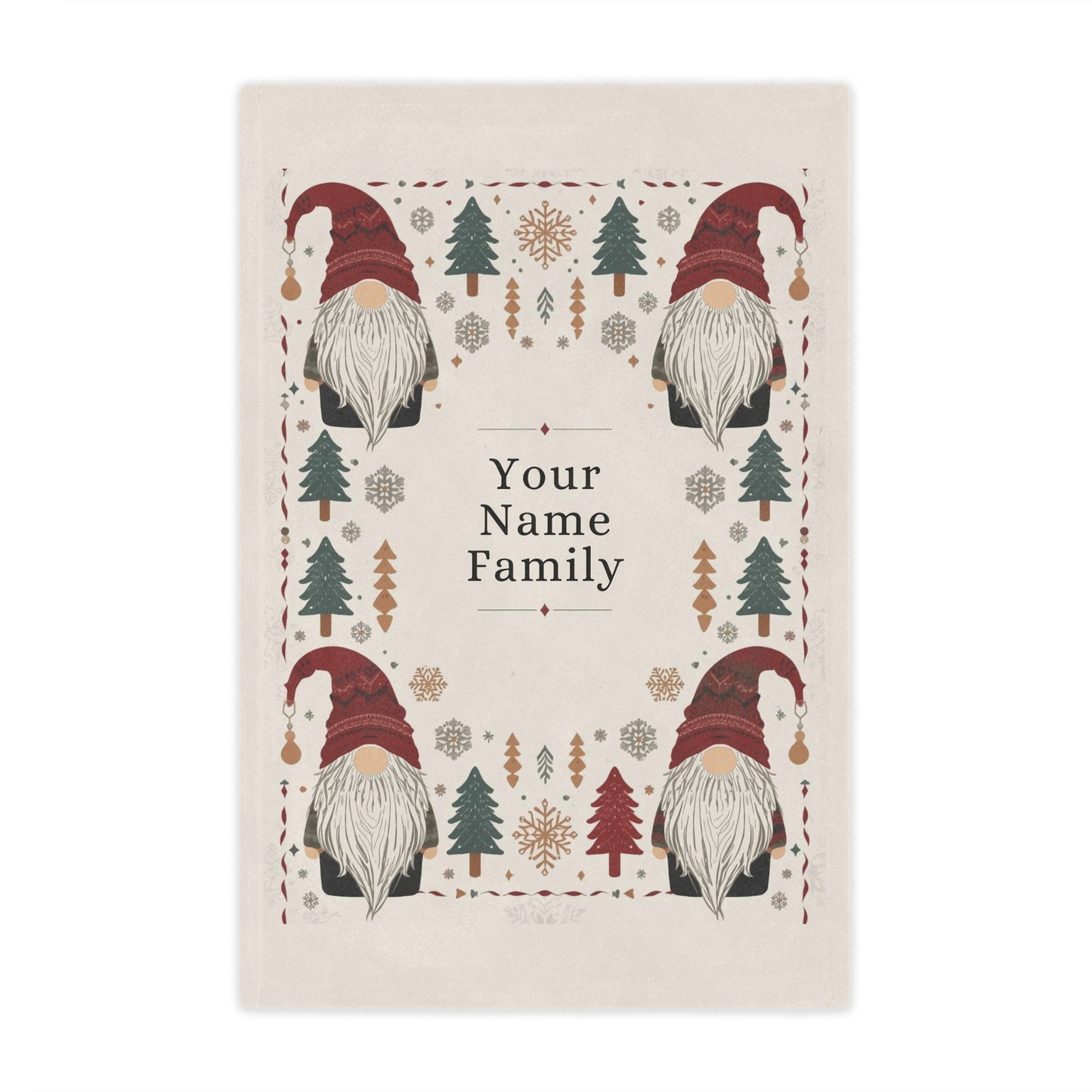Custom Minky Blanket - Cute Scandinavian Christmas Gnomes , Hygge Aesthetic, Cranberry Red, Nordic Snowflake, Pine Trees, Folk Art