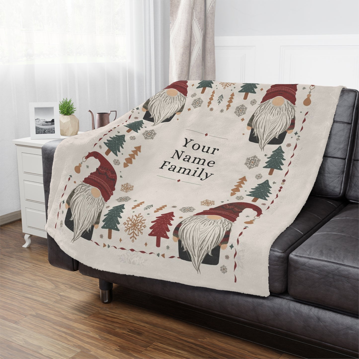 Custom Minky Blanket - Cute Scandinavian Christmas Gnomes , Hygge Aesthetic, Cranberry Red, Nordic Snowflake, Pine Trees, Folk Art