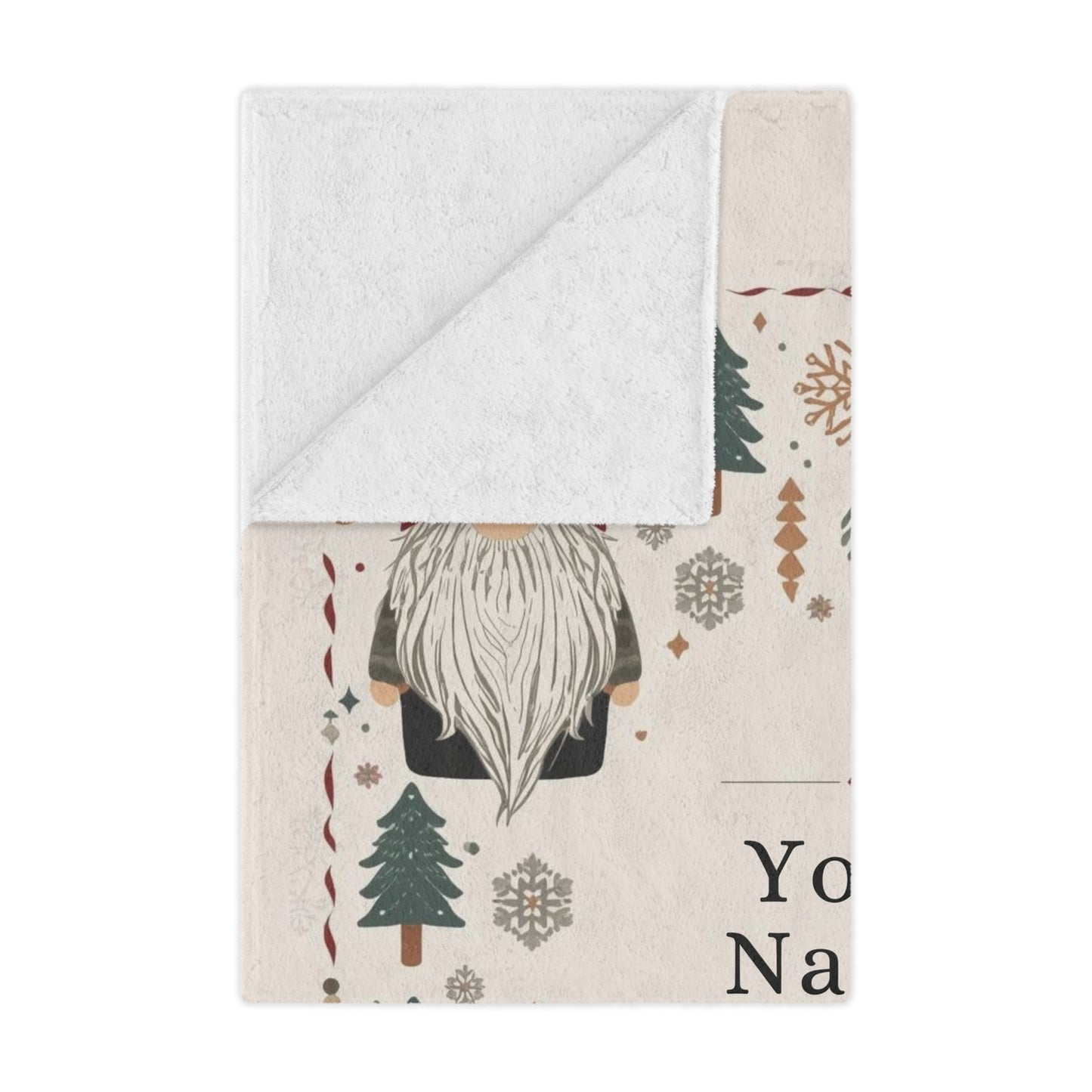 Custom Minky Blanket - Cute Scandinavian Christmas Gnomes , Hygge Aesthetic, Cranberry Red, Nordic Snowflake, Pine Trees, Folk Art