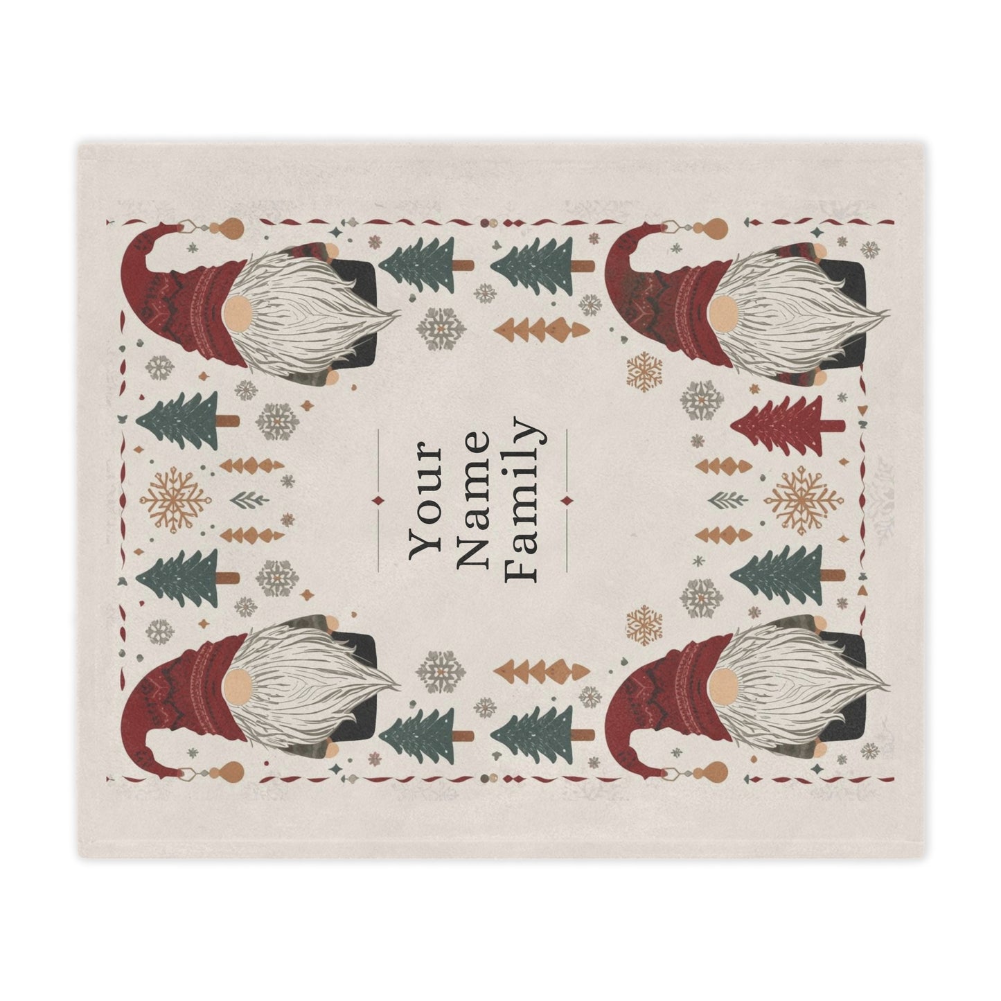 Custom Minky Blanket - Cute Scandinavian Christmas Gnomes , Hygge Aesthetic, Cranberry Red, Nordic Snowflake, Pine Trees, Folk Art