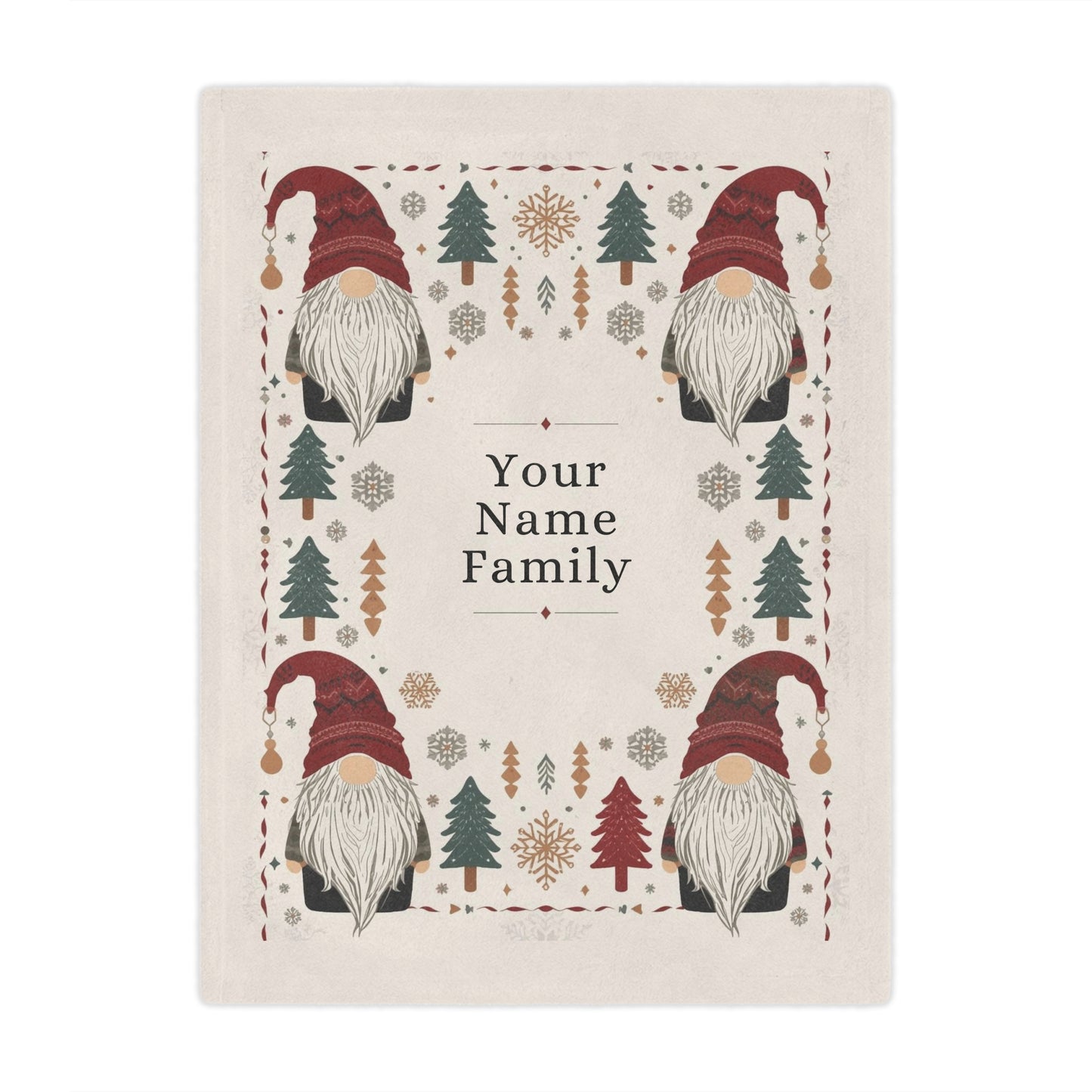 Custom Minky Blanket - Cute Scandinavian Christmas Gnomes , Hygge Aesthetic, Cranberry Red, Nordic Snowflake, Pine Trees, Folk Art