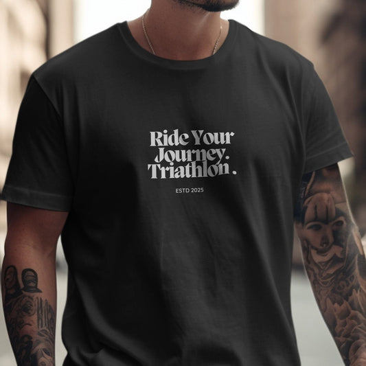 Ride Your Journey Triathlon ESTD 2025 T-Shirt, unisex, relaxed fit, garment-dyed cotton.