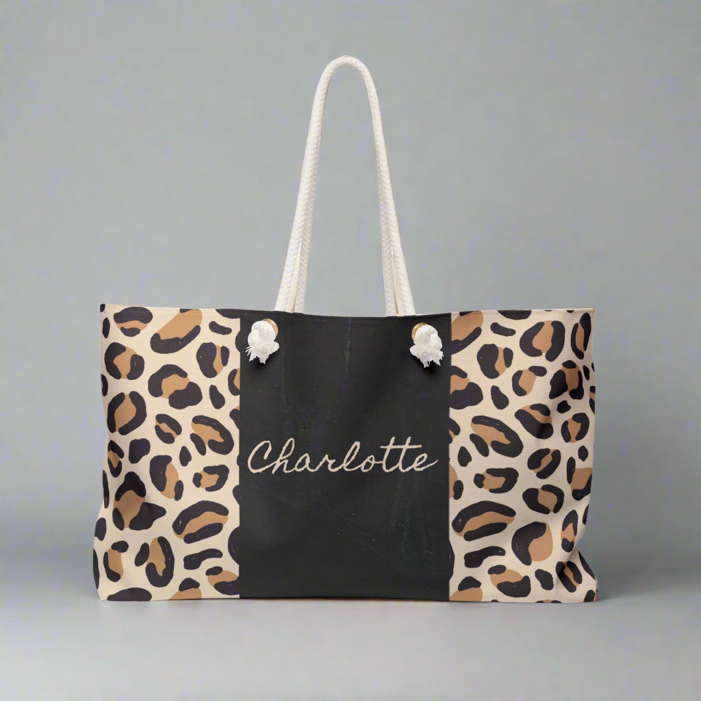 Leopard Print Weekender Bag - Custom Name Gift Idea for Beach Weekend Getaways, Animal Print Tote, Cool Travel Bag, Personalized Duffel,