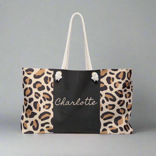 Leopard Print Weekender Bag - Custom Name Gift Idea for Beach Weekend Getaways, Animal Print Tote, Cool Travel Bag, Personalized Duffel,