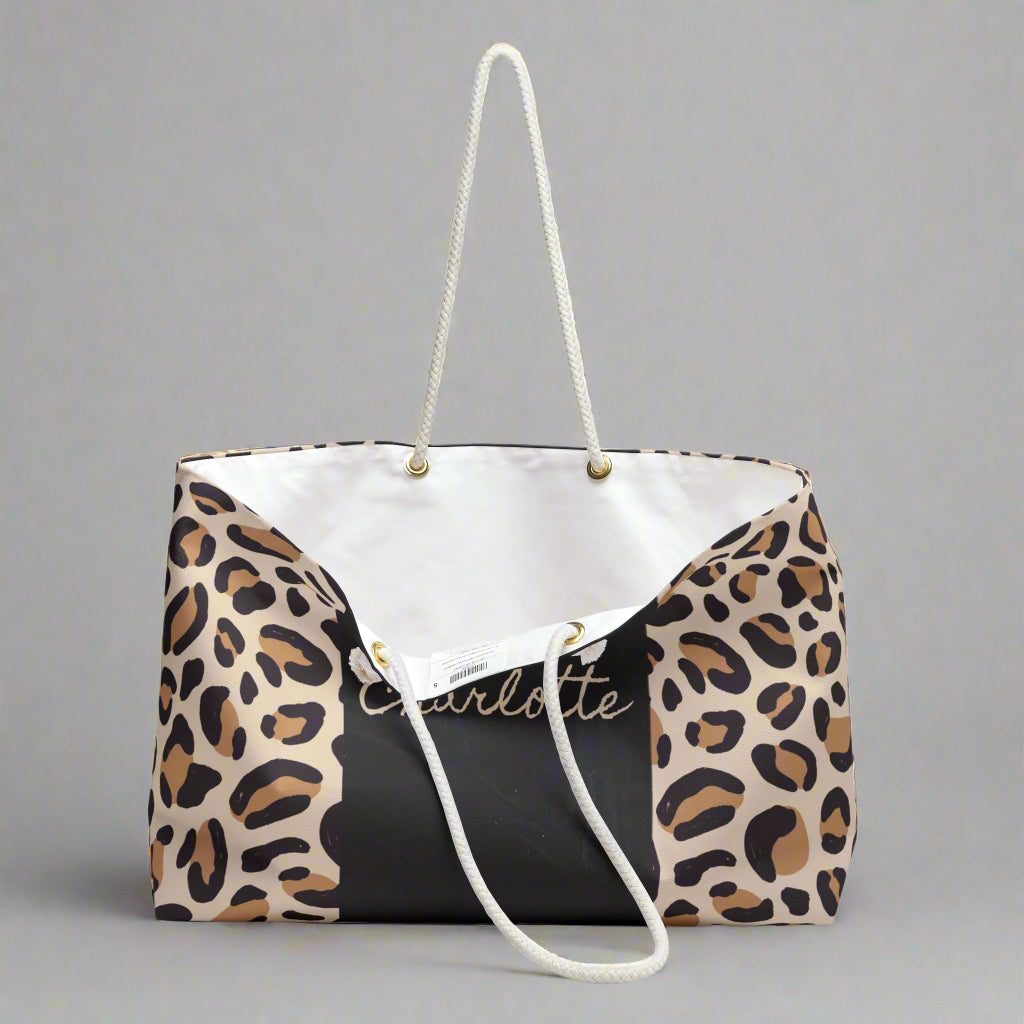 Leopard Print Weekender Bag - Custom Name Gift Idea for Beach Weekend Getaways, Animal Print Tote, Cool Travel Bag, Personalized Duffel,