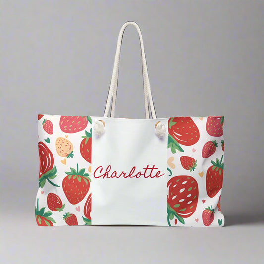Strawberry Fruit Theme Weekender Bag - Custom Name Personalized, Beach Tote, Travel Duffel, Overnight Carry-On, Summer Vacation Gift