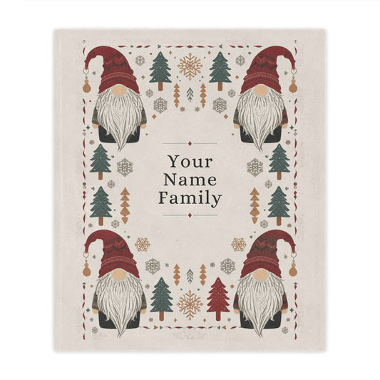 Custom Minky Blanket - Cute Scandinavian Christmas Gnomes , Hygge Aesthetic, Cranberry Red, Nordic Snowflake, Pine Trees, Folk Art