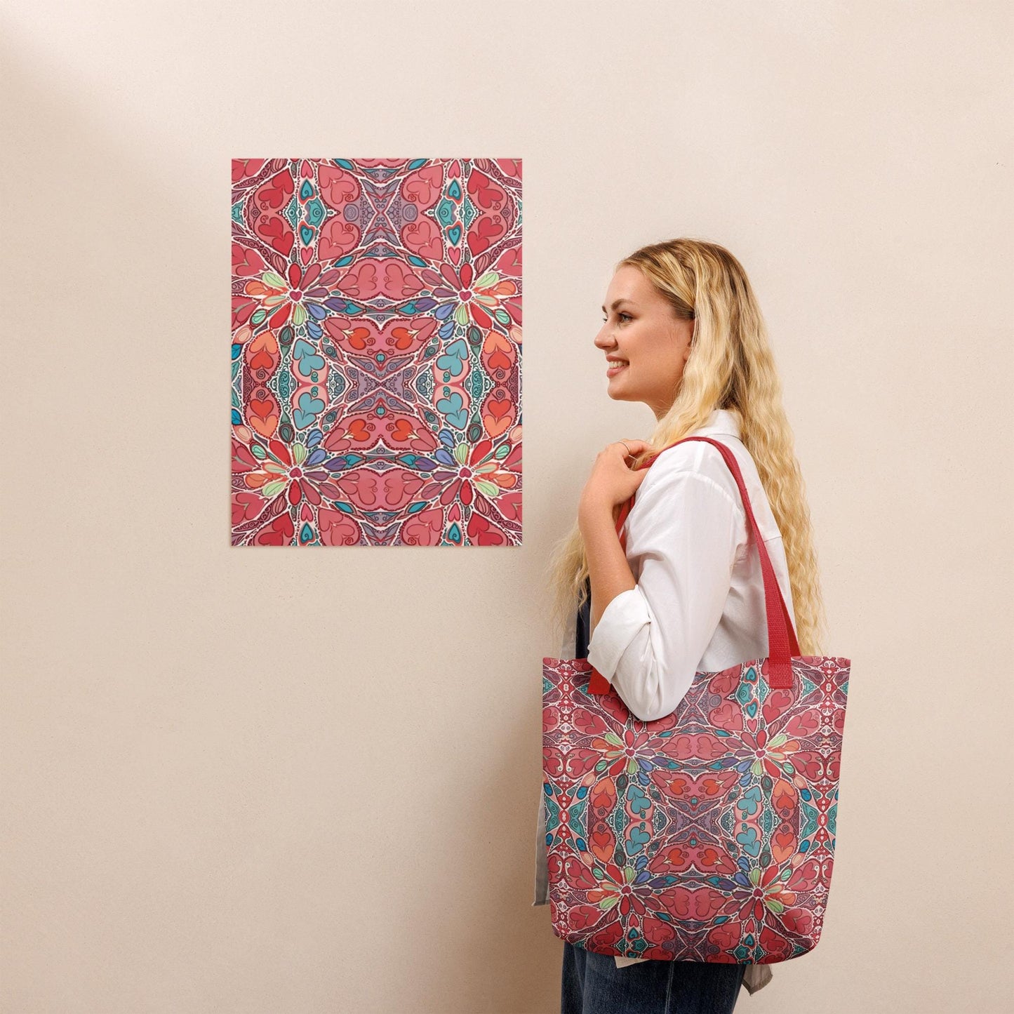 Boho Mandala Tote Bag – Colorful Art Print Shoulder Bag, Reusable Shopping Bag, Gift for Her Him Hearts