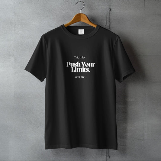 Triathlon Push Your Limits ESTD 2024 T-Shirt for athletes, medium fabric, relaxed fit.