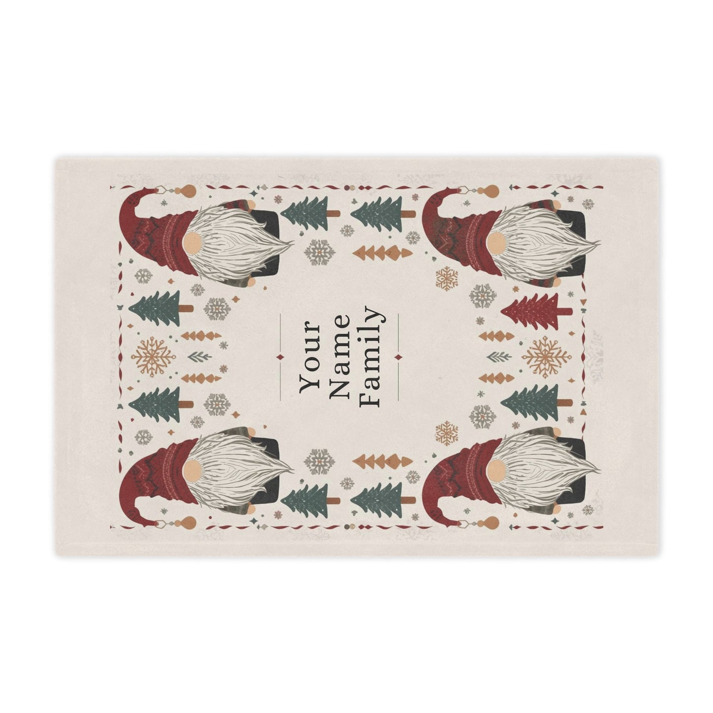 Custom Minky Blanket - Cute Scandinavian Christmas Gnomes , Hygge Aesthetic, Cranberry Red, Nordic Snowflake, Pine Trees, Folk Art