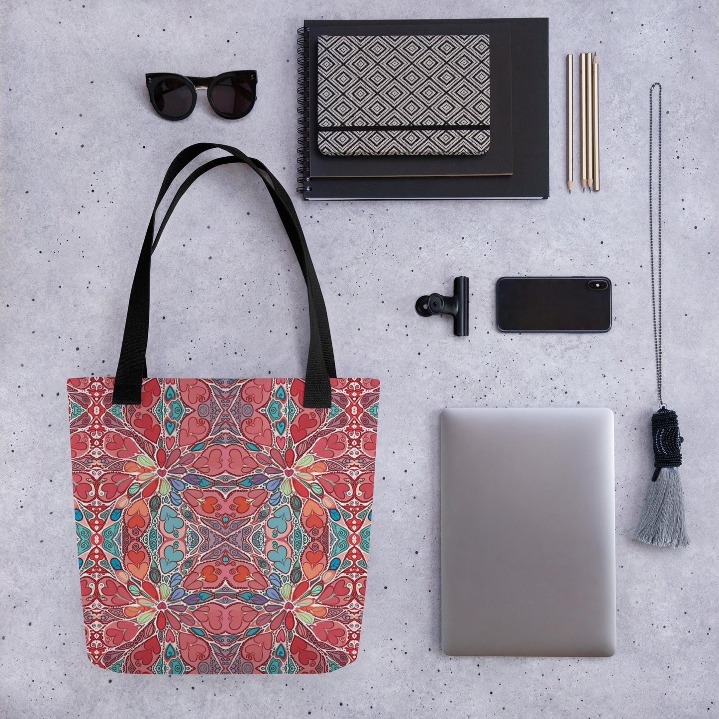 Boho Mandala Tote Bag – Colorful Art Print Shoulder Bag, Reusable Shopping Bag, Gift for Her Him Hearts