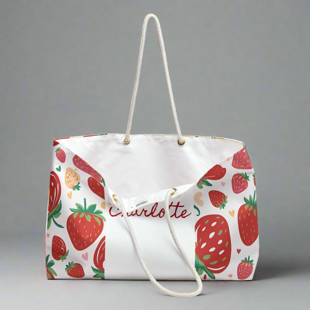 Strawberry Fruit Theme Weekender Bag - Custom Name Personalized, Beach Tote, Travel Duffel, Overnight Carry-On, Summer Vacation Gift