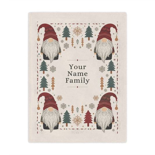 Custom Minky Blanket - Cute Scandinavian Christmas Gnomes , Hygge Aesthetic, Cranberry Red, Nordic Snowflake, Pine Trees, Folk Art