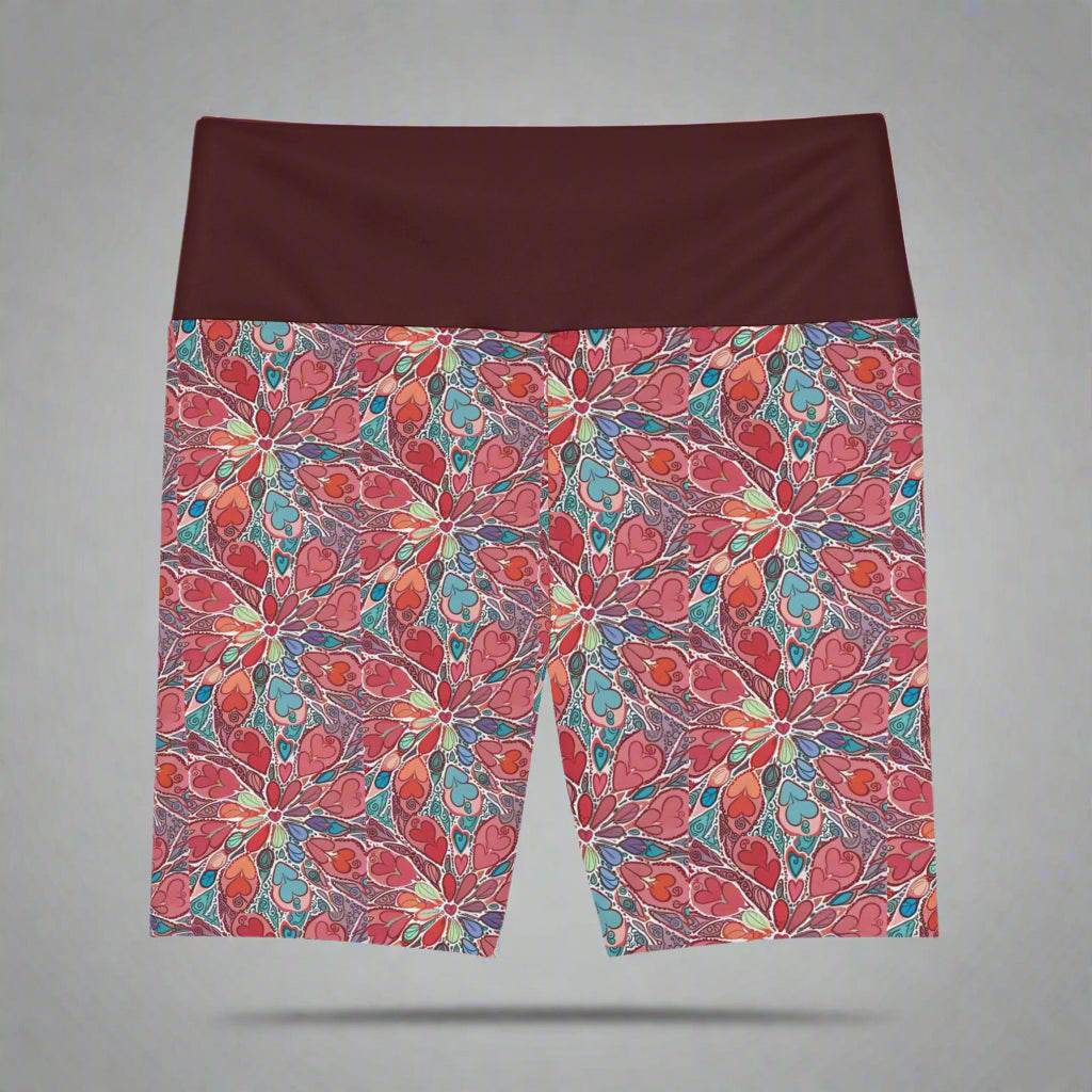 Floral workout shorts with vibrant colors and intricate patterns, ideal for yoga, running, and fitness.