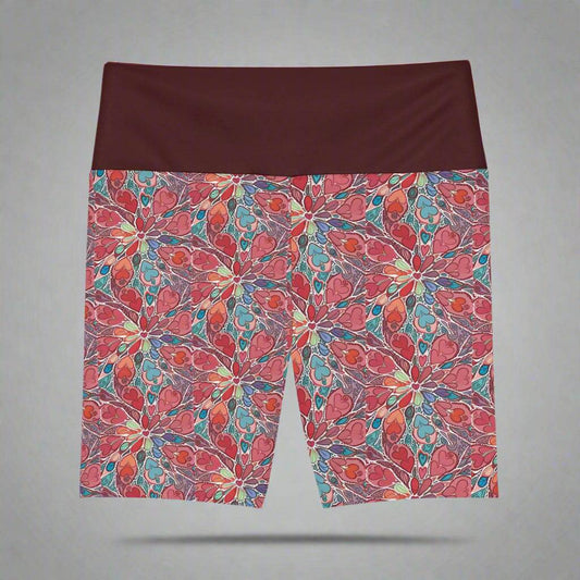 Floral workout shorts with vibrant colors and intricate patterns, ideal for yoga, running, and fitness.