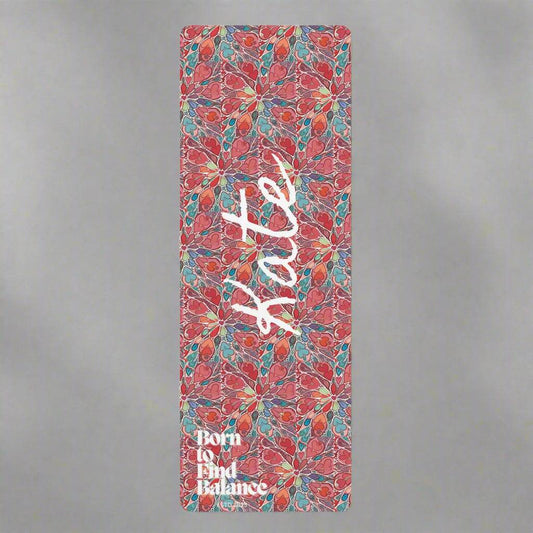 Floral yoga Pilates mat with personalized name, anti-slip backing, lightweight, 24″ x 70″ size.