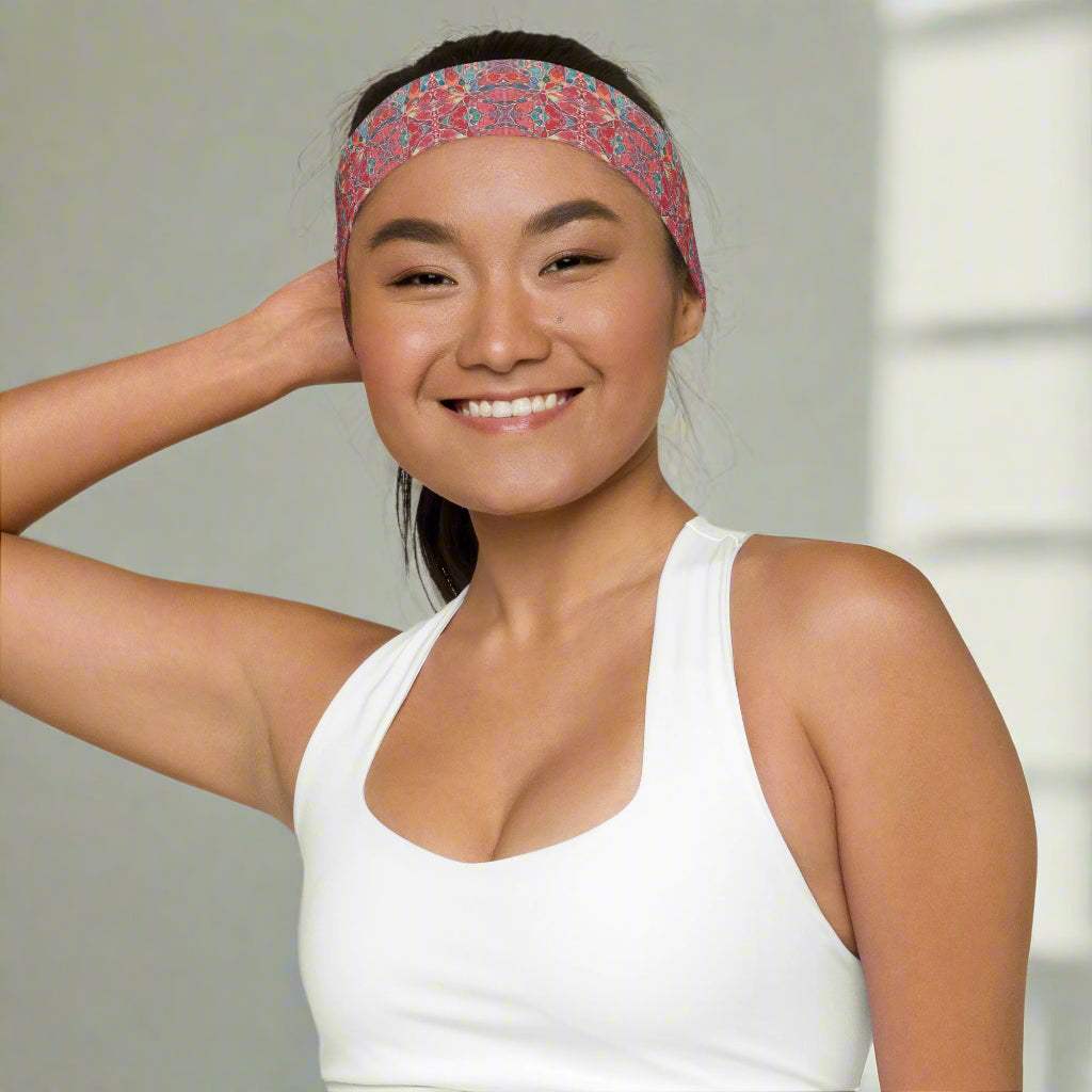 Soft stretchy floral headband worn by a smiling woman, perfect for workouts and style.