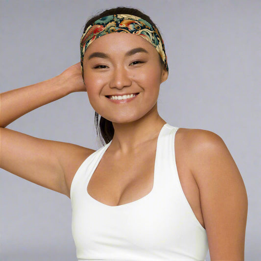 Soft stretchy alo head band with koi pattern for workout and style.