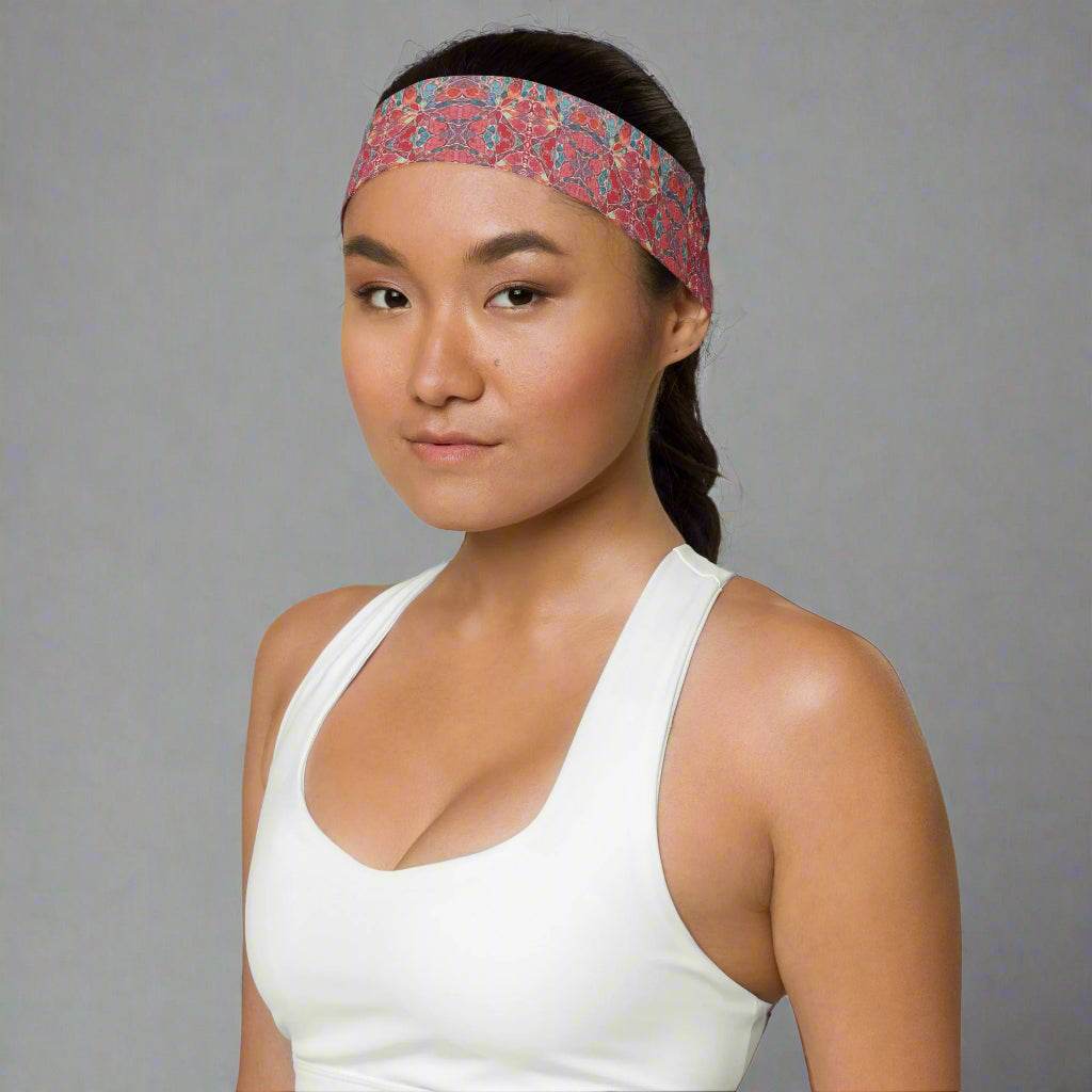 Soft stretchy headband with floral pattern for workout and style.