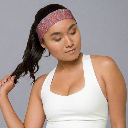 soft stretchy headband with floral pattern worn by woman in workout attire