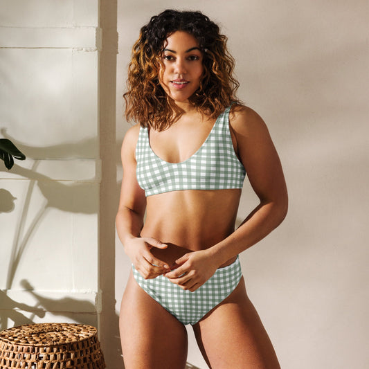 Recycled high-waisted bikini with removable pads, double-layered fabric.