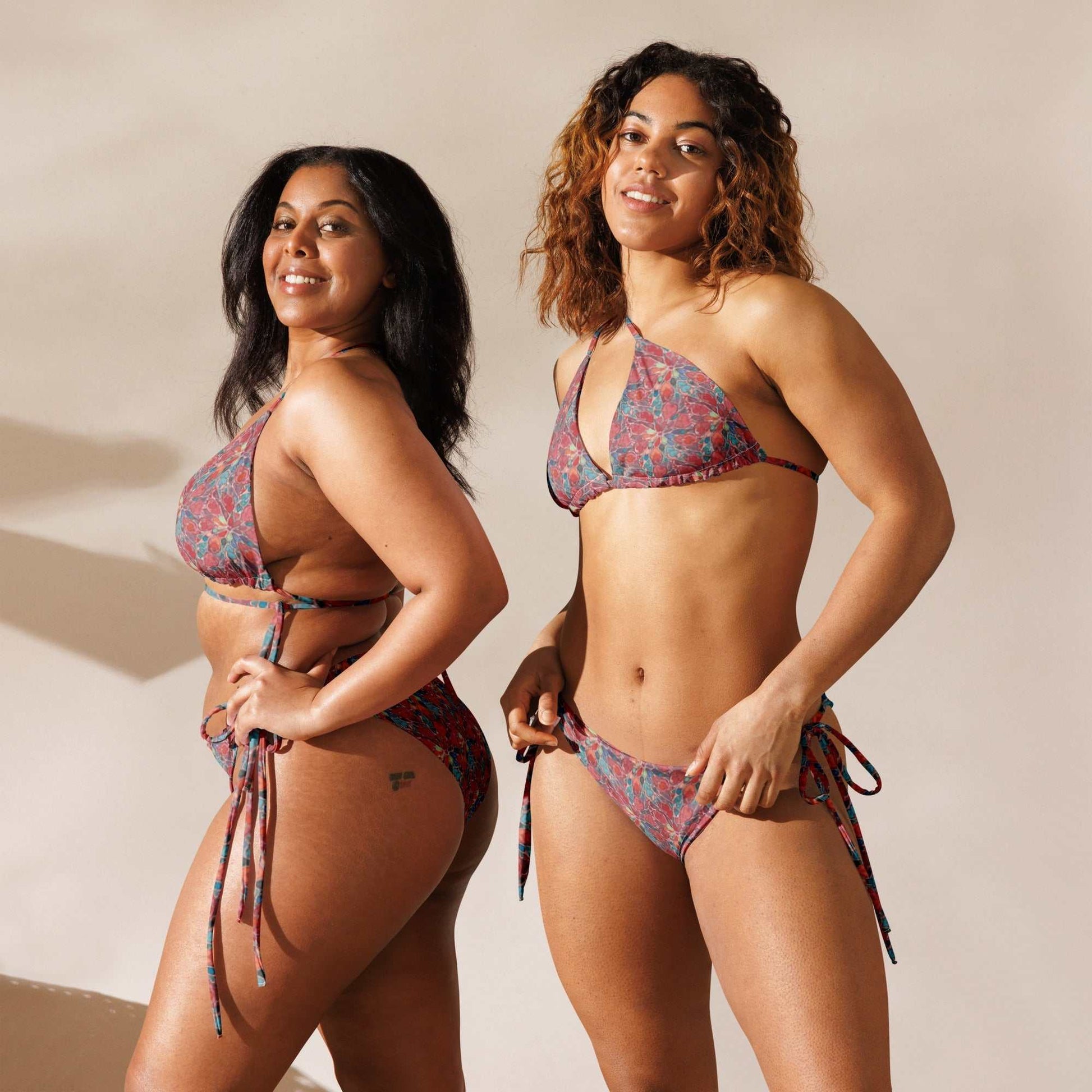 Boho Print String Bikini Set with adjustable fit and UPF 50+ protection, featuring a vibrant, multicolor abstract design.