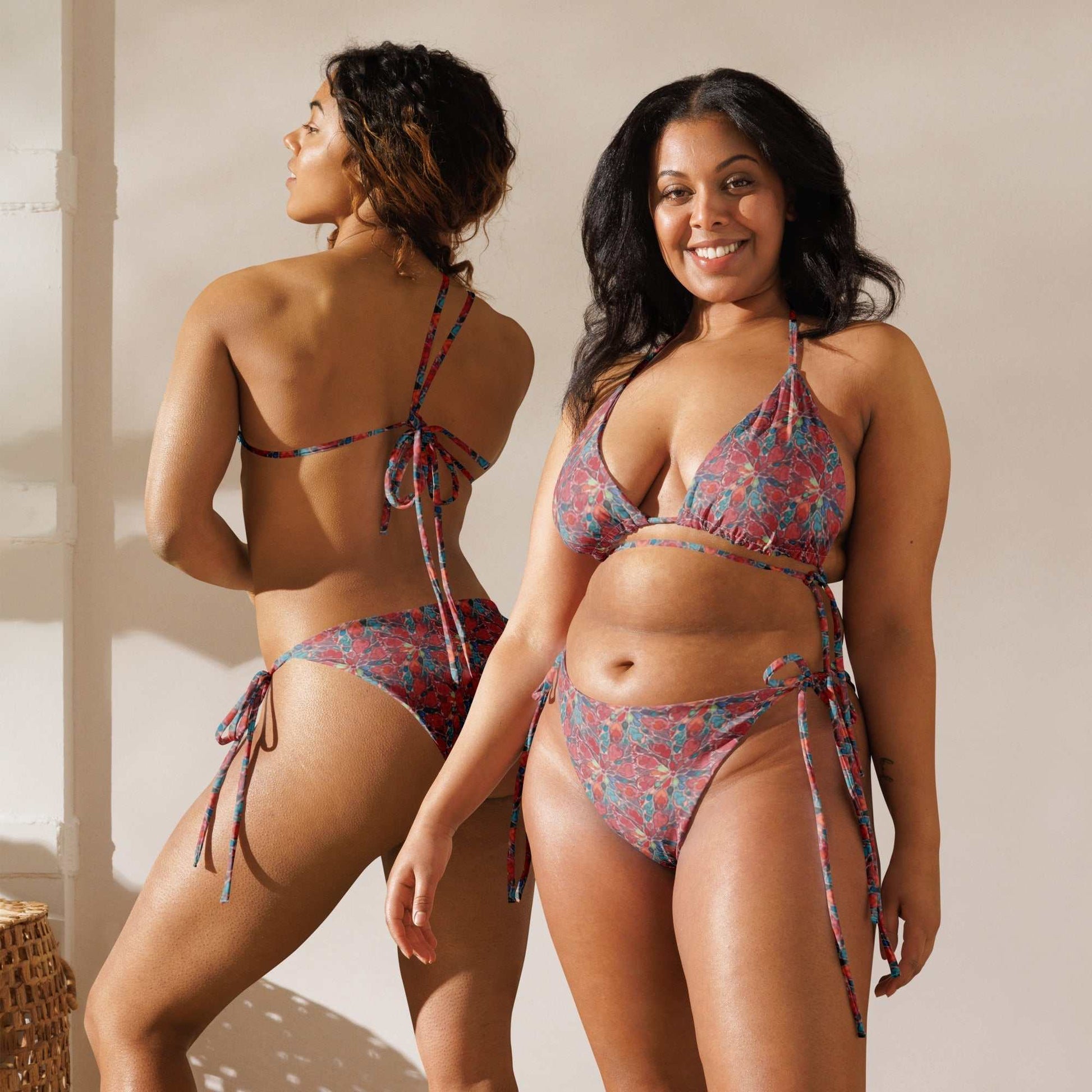 Boho Print String Bikini Set with abstract multicolor pattern, adjustable fit, and UPF 50+ protection shown in front and back view.
