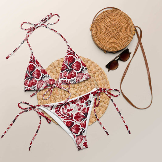 Red Hibiscus Floral String Bikini Set with bold tropical print and multiple ways to tie for customizable fit.