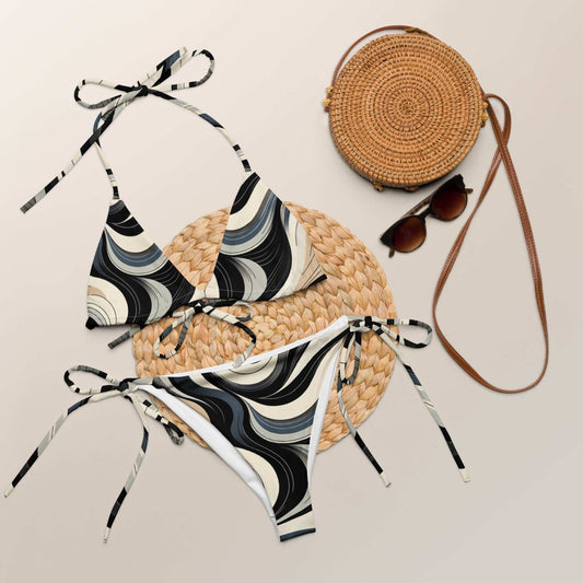 Retro Swirl Print String Bikini Set with abstract black, cream, and gray design; chic and trendy two-piece swimsuit with adjustable tie straps, UPF 50+ protection.