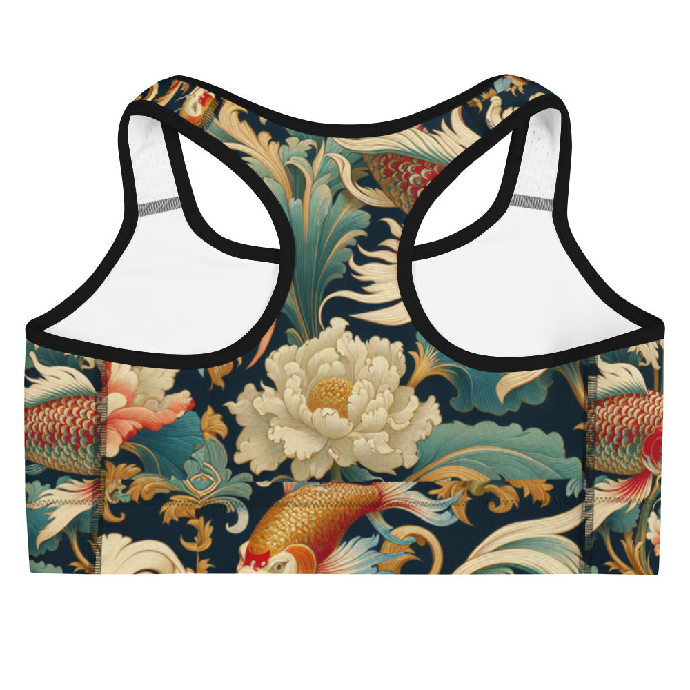 Moisture-wicking sports bra with swimming koi pattern and supportive racerback design.