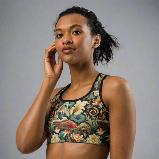 Moisture-wicking sports bra with koi pattern, supportive design for workouts.