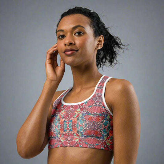 Yoga Sports bra with vibrant pattern and racerback design, offering moisture-wicking fabric and medium support for workouts.