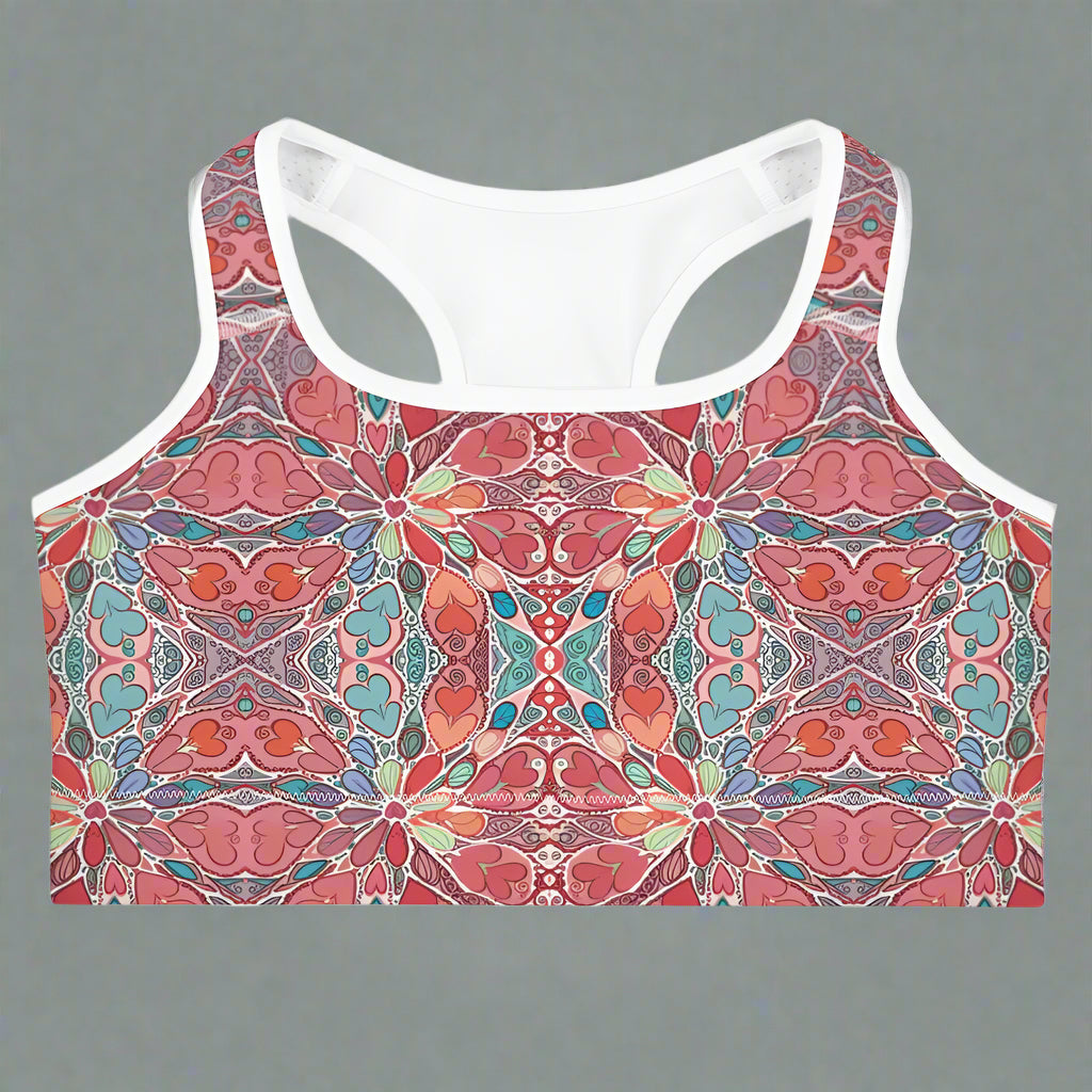 Yoga Sports bra with colorful pattern, moisture-wicking fabric, racerback design.