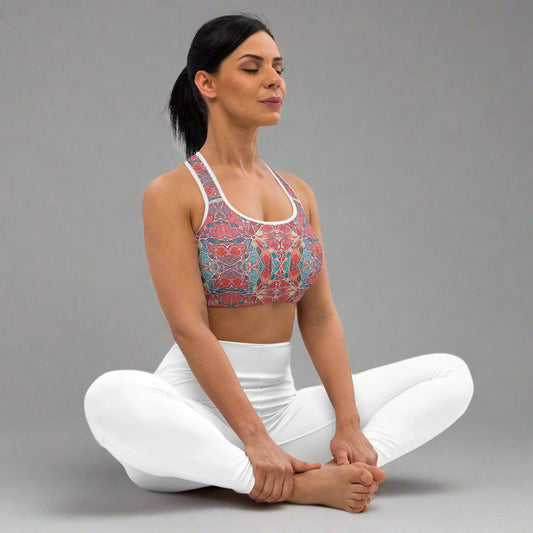Yoga sports bra with floral pattern, moisture-wicking, supportive design.