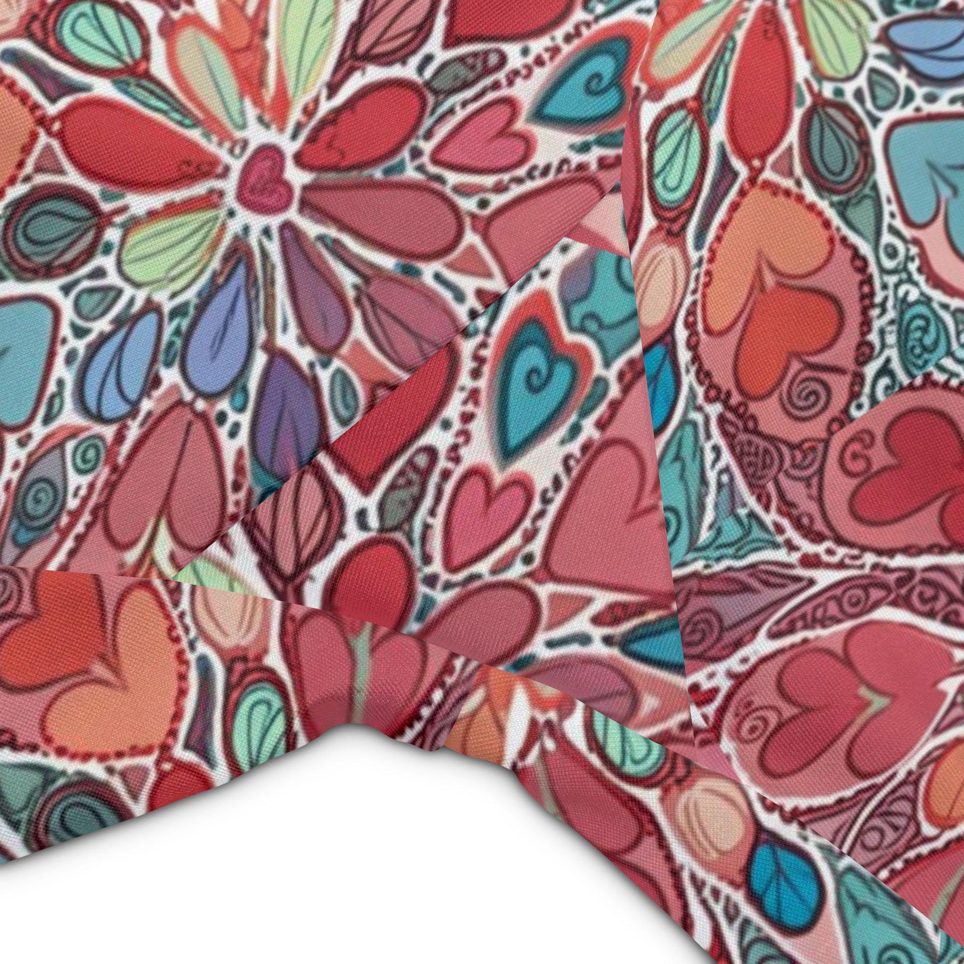 Floral workout shorts with vibrant colors and intricate heart patterns.