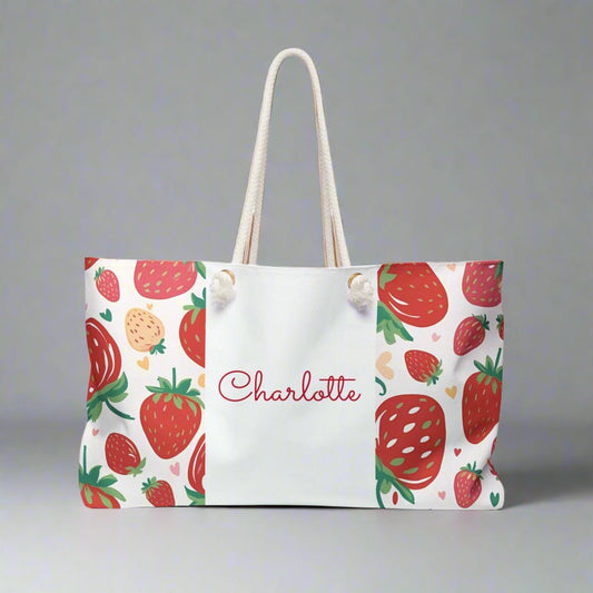 Strawberry Fruit Theme Weekender Bag - Custom Name Personalized, Beach Tote, Travel Duffel, Overnight Carry - On, Summer Vacation Gift - Vicky Garden