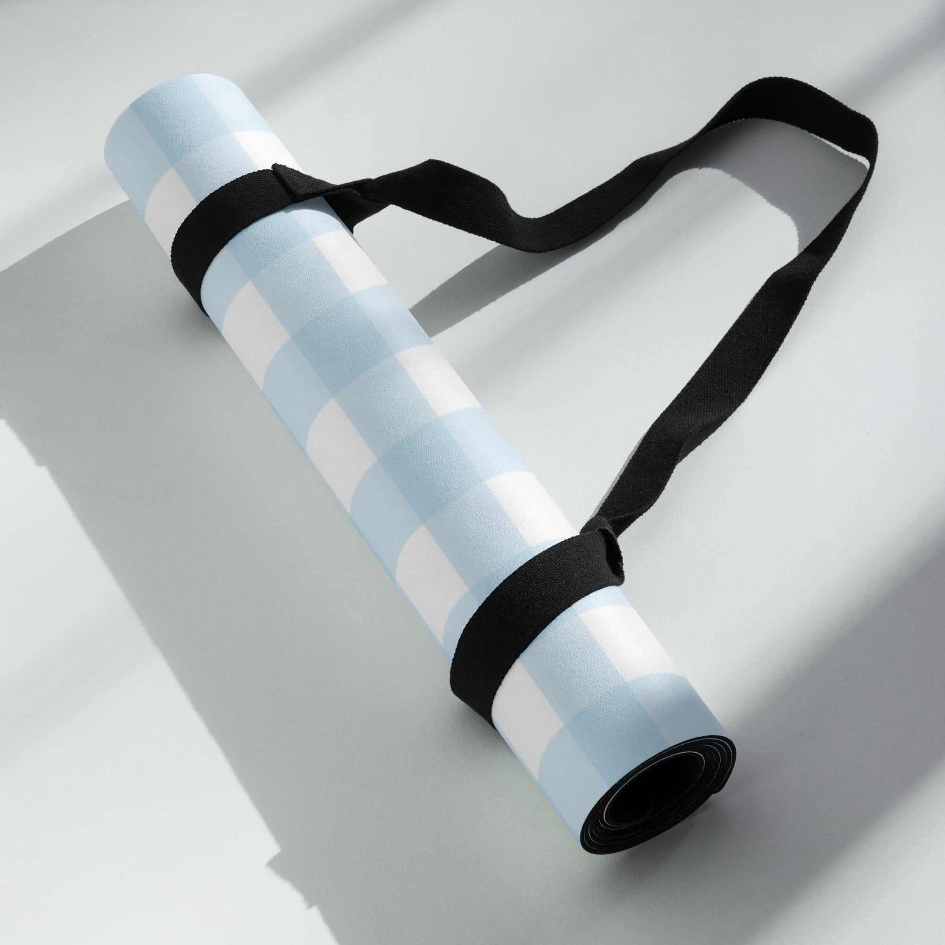Yoga mat with anti-slip rubber bottom and soft microsuede top, easy to carry.