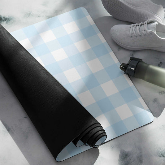 Yoga mat with blue and white checkered design, anti-slip rubber bottom, and soft microsuede top.
