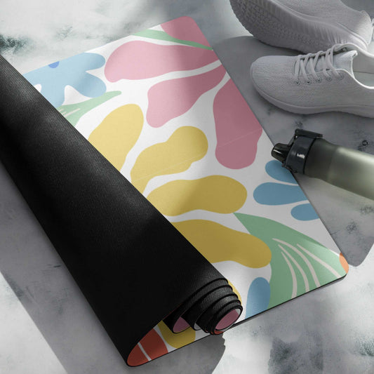 Colorful yoga mat with anti-slip rubber bottom and soft microsuede top.
