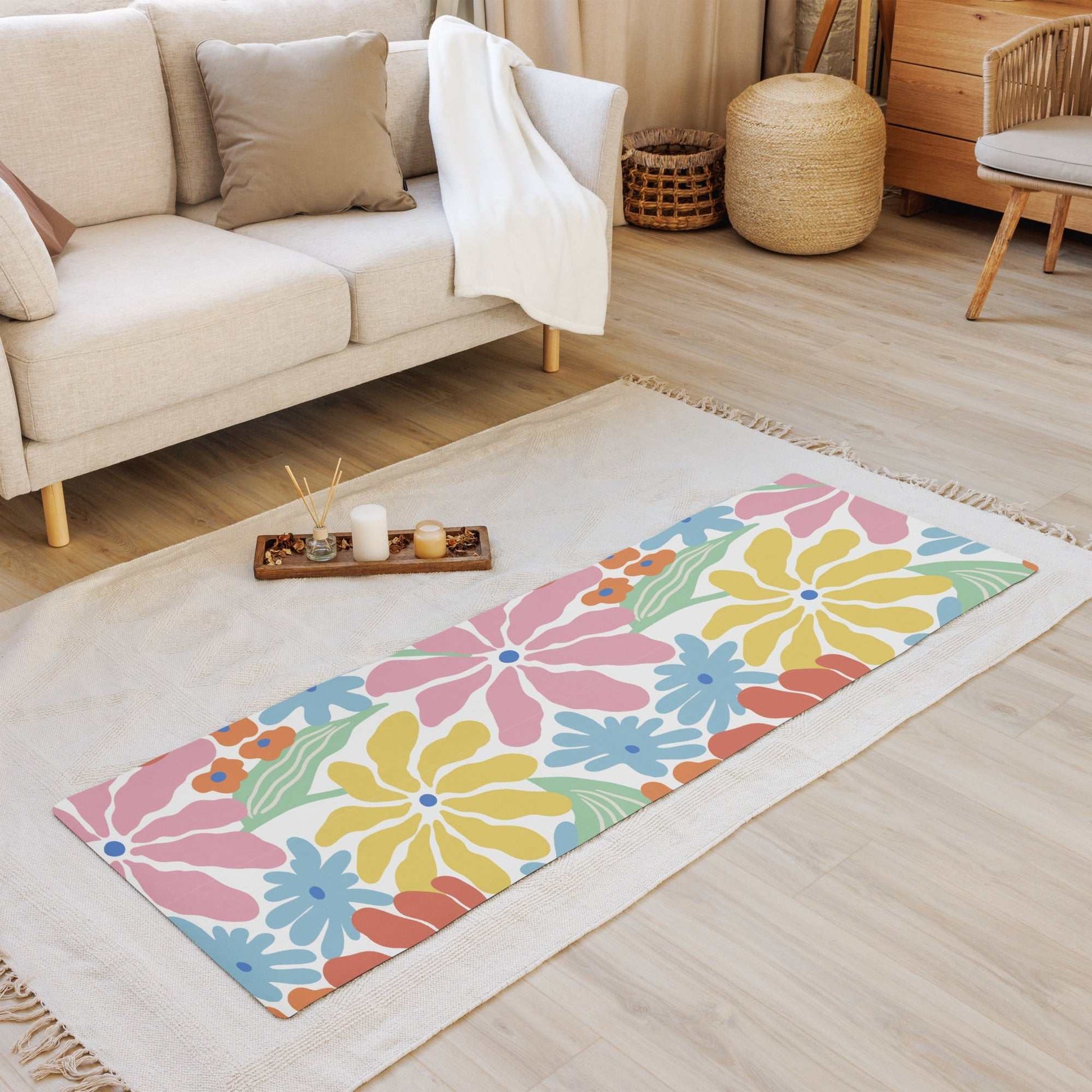 Yoga mat with colorful floral design, anti-slip rubber bottom, soft microsuede top, 24" × 68".