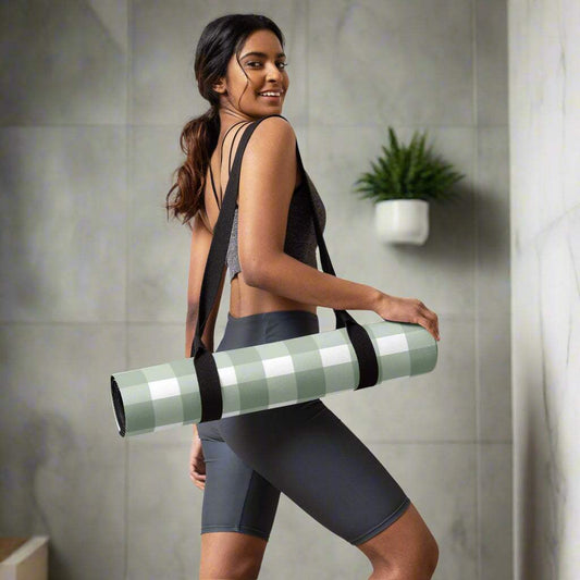 Checkered print anti-slip yoga mat with carry strap, ideal for comfort and stability during exercise.
