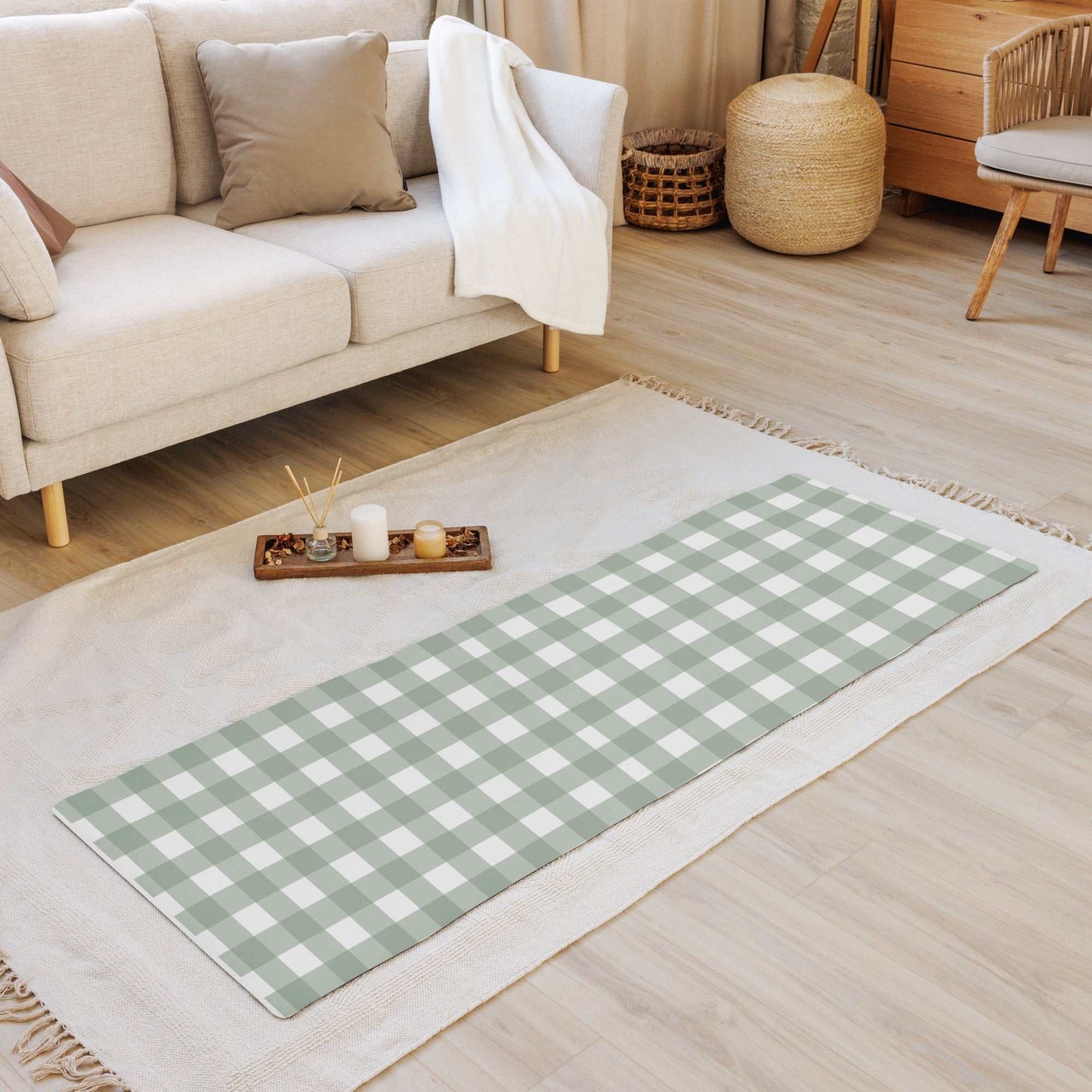Yoga mat with checkered design in a cozy living room setting.