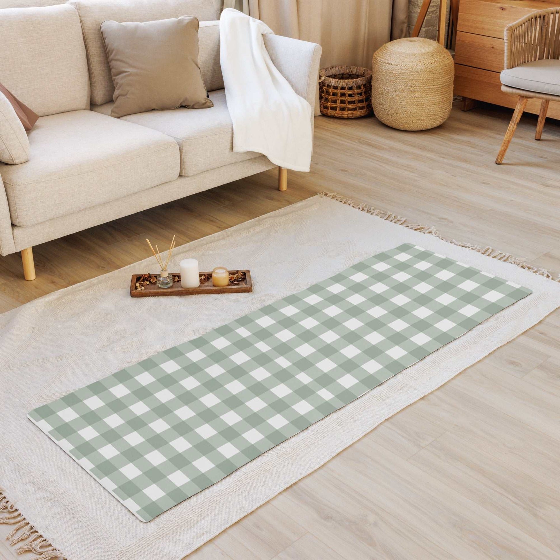 Yoga mat with checkered design in a cozy living room setting.