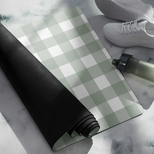 Yoga mat with checkered design, anti-slip rubber base, and soft microsuede top, ideal for exercise and meditation.