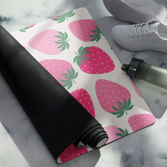Strawberry-patterned yoga mat with anti-slip rubber bottom and microsuede top.