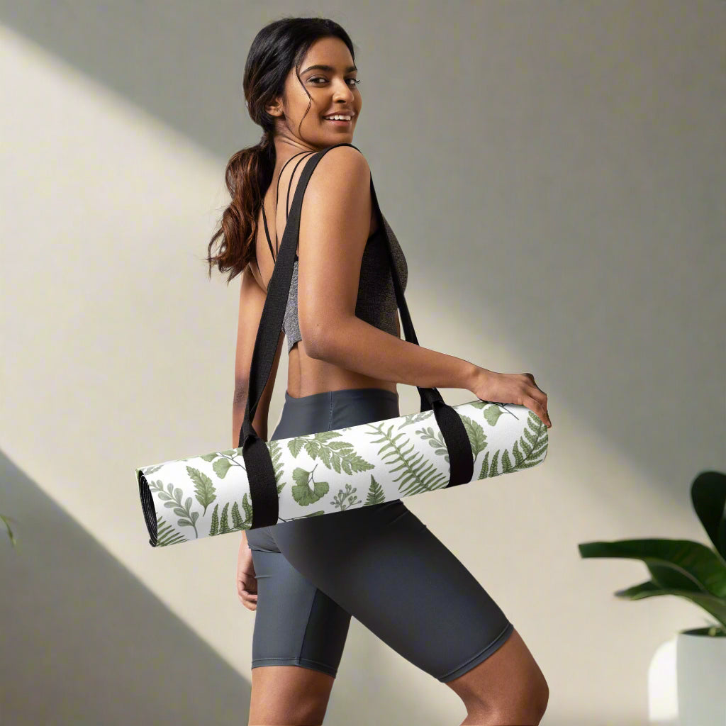 Yoga mat with floral design, easy to carry, featuring anti-slip rubber bottom and soft microsuede top.